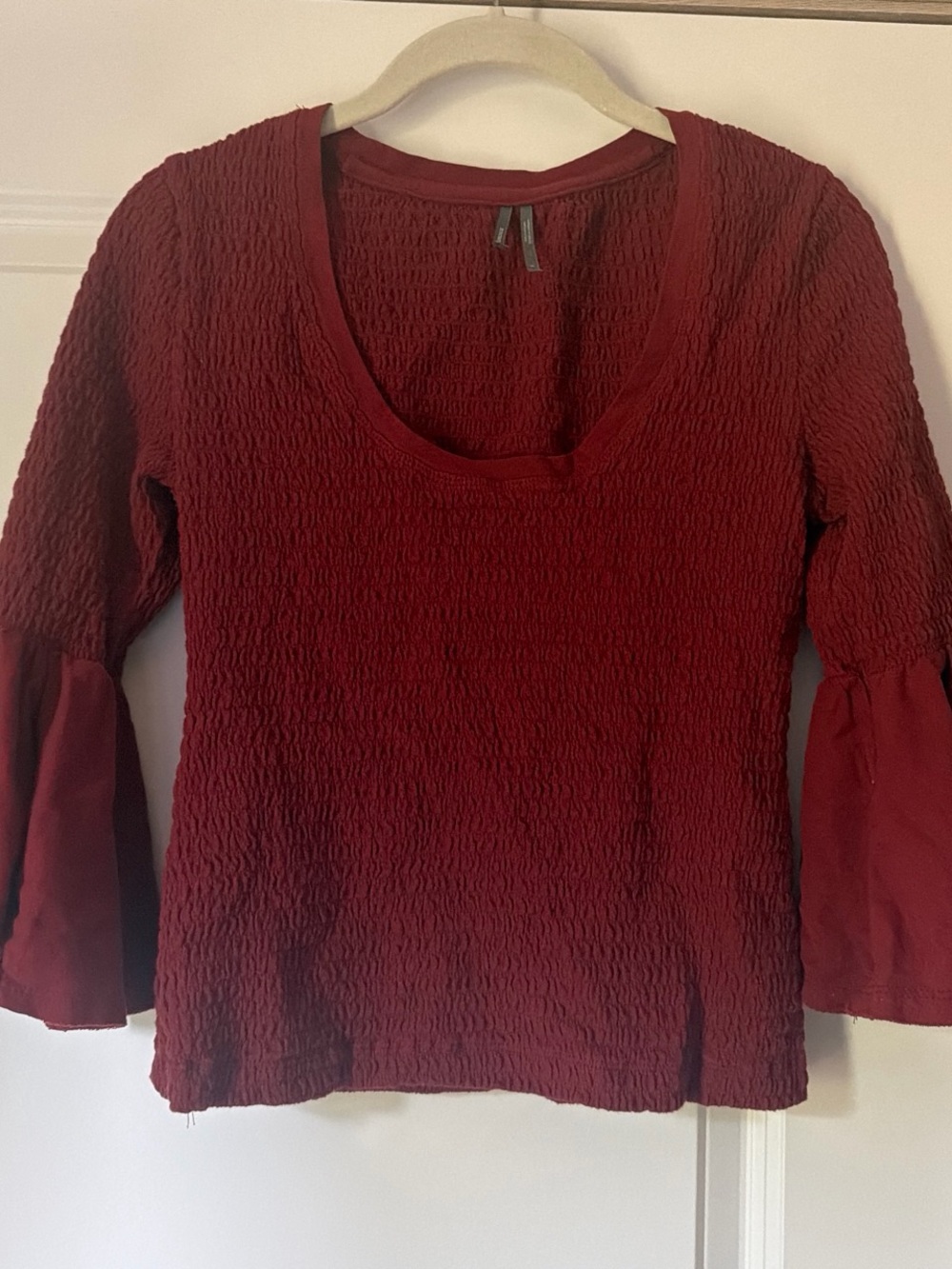 Anthropologie Burgundy Smocked Scoop Neck Bell Sleeve Top